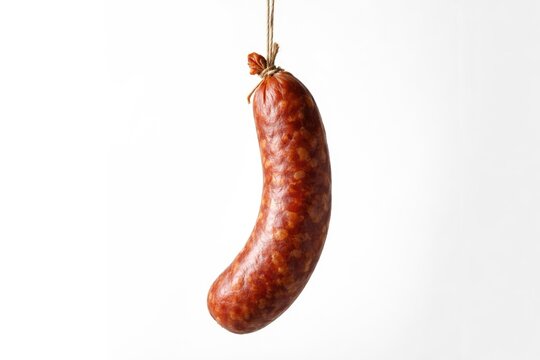 Detailed view of a sausage hanging against a crisp white background