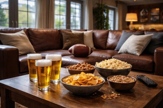 large living room space featuring cold beer and snack bowls on center table and football on seating