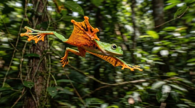 Wallace&rsquo;s flying frog gliding mid air with extended webbed feet