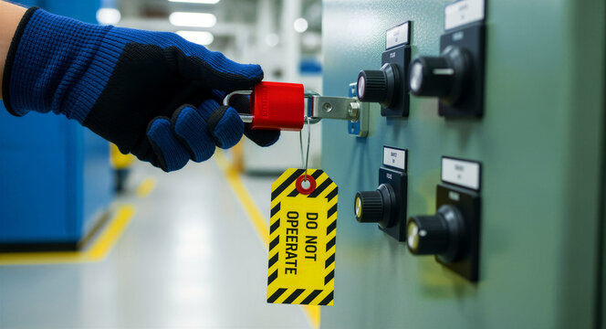 Worker attaching red padlock to an industrial control panel. Yellow warning tag reads DO NOT OPERATE for safety compliance. LOTO procedure concept for factory maintenance and safety campaigns.