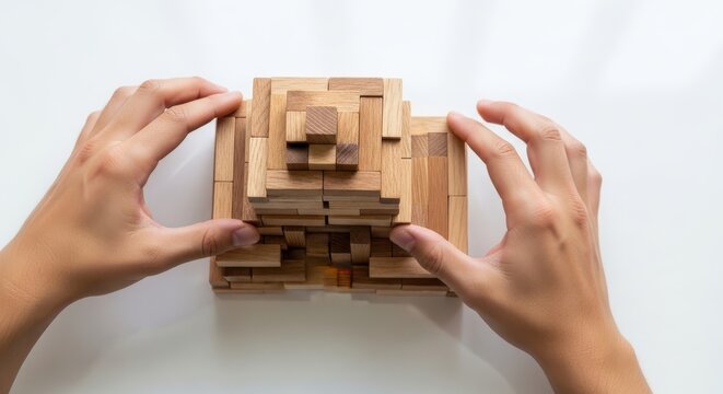 Hands building intricate wooden puzzle