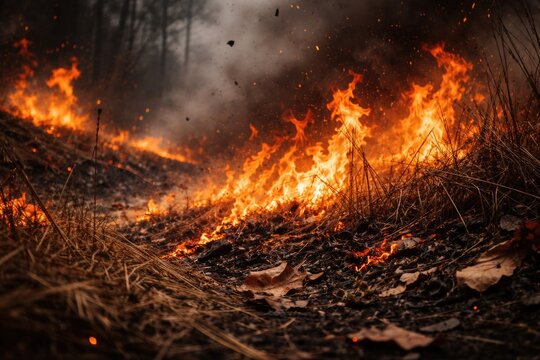 Dry grass and leaves ablaze with flame and scattered burnt ash in front