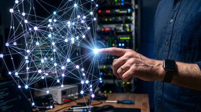 Tangan Menunjuk Titik Koneksi Jaringan Data Digital Global