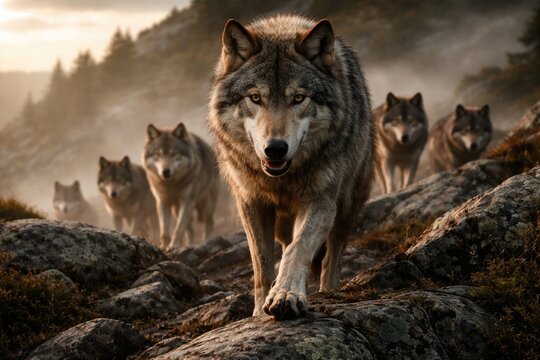 Alpha wolf leading pack on rocky terrain