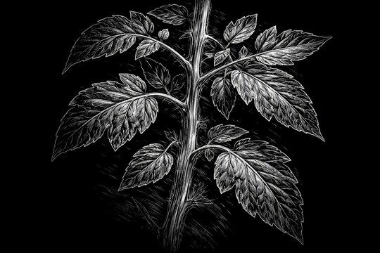 Illustrated tomato stem with leaves using black white scratchboard technique