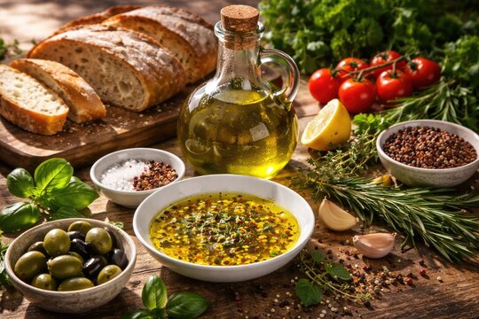 Healthy Mediterranean cooking idea with oleic acid olive oil, herbs, spices, and bread