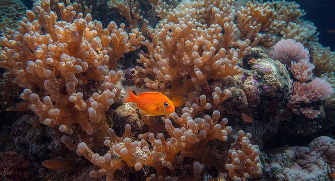 Vibrant lyretail anthias navigating complex coral structures