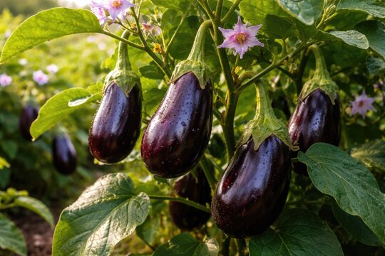 Eggplant plant with ripe fruits representing Solanaceae family