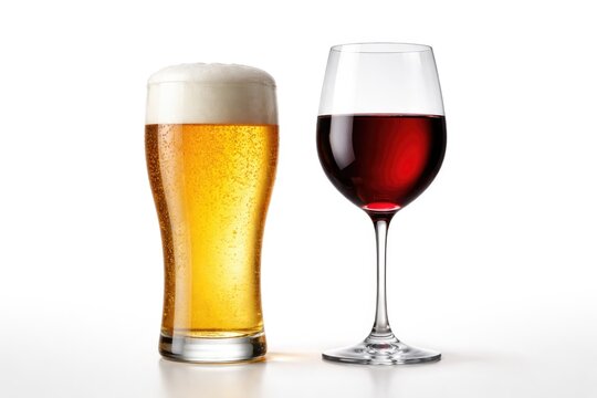 Lager beer and red wine glasses displayed in a studio with white backdrop
