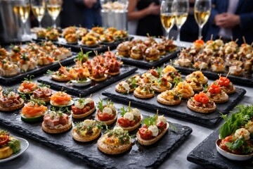 Fototapeta premium Catered event featuring diverse canapes on black slate platters highlighting gourmet hospitality