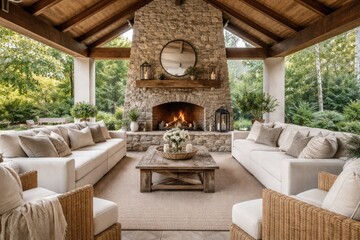 Fototapeta premium Open air living area featuring stone fireplace and relaxing cream furniture