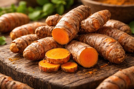 Fresh turmeric rhizomes close shot displaying rough textured peel and bright orange interior for culinary and wellness uses