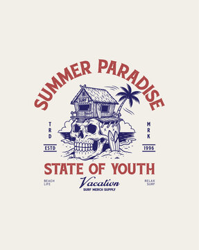 Summer Paradise State of Youth Vacation Skull Illustration.