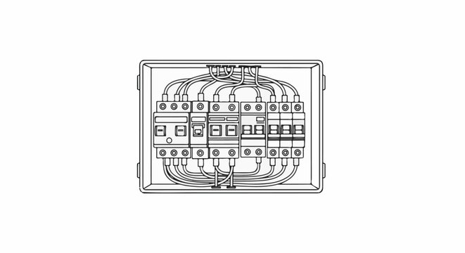 Inside view of an electrical distribution box with multiple circuit breakers and wiring