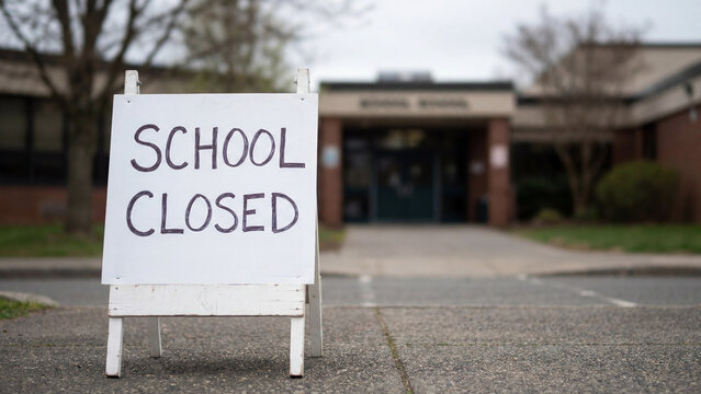 School closed announcement sign placed outside educational institution building representing temporary suspension of academic activities due to emergency holiday or administrative decision