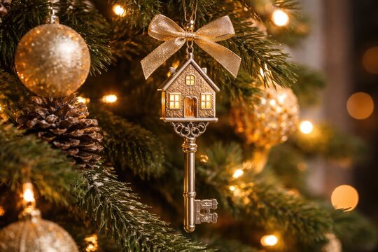 Decorative house key on Christmas tree as symbol of property ownership