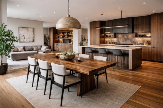 Open concept contemporary kitchen with brown wood dining table and parquet floors