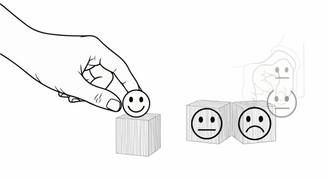 Hand places happy face on block next to neutral and sad faces