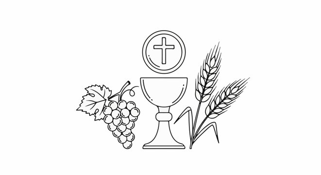 Religious symbols chalice, communion wafer with cross, grapes, and wheat