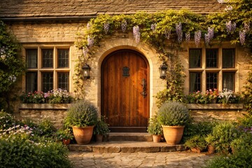 Naklejka premium Bright house exterior with a wooden door illustrating historic village architecture