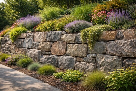 Durable stone wall of granite and gneiss stabilizing slope with low upkeep perennials