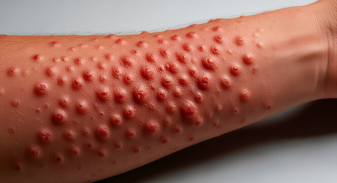 Close-up of a human arm with numerous red skin lesions and bumps. Dermatological condition showing inflammation and rash symptoms. Medical healthcare concept for disease education and skin diagnosis.