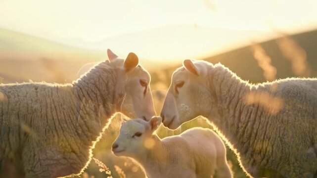 Slow motion tracking shot of ewe and lamb nuzzling and walking through sunlit meadow hillside at sunrise