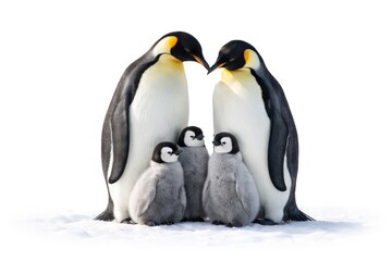 Obraz premium A solitary emperor penguin pair with their juveniles on a bright white background promoting Antarctic protection