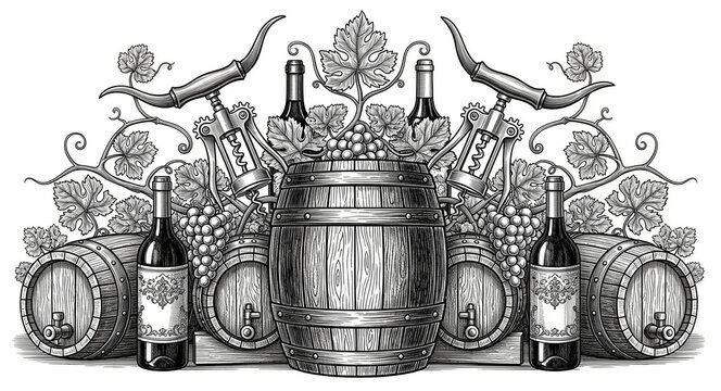Vintage engraving of wine barrels, bottles, and corkscrews with grapes. Classical woodcut style illustration featuring winemaking elements and grapevine leaves. Elegant rustic winery design.