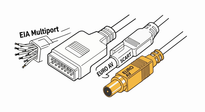 Detailed illustration of assorted audio-visual connection cables and connectors