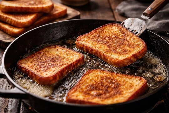 Crispy French toast slices frying with some slices taken away