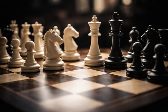 focused close up of black and white chess figures set on a game board