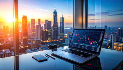 Naklejka premium Laptop showing trading data on a glass desk with a breathtaking city skyline sunset. Perfect for finance, investment, and market analysis concepts in a luxury highrise office space.