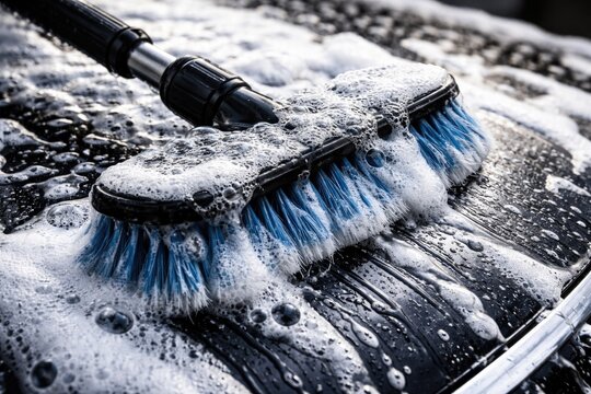 Brush used for car wash drenched in soap bubbles highlighting water texture and cleaning tool details