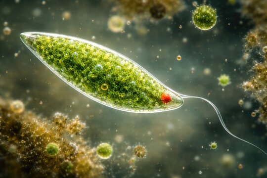 Detailed view of Euglena ehrenbergii protist in pond water under 1040x microscope magnification with selective focus
