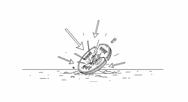Stylized coin shattering under multiple arrow impacts on rough ground