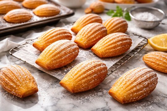 Delightful madeleines showcased on a glossy marble baking surface