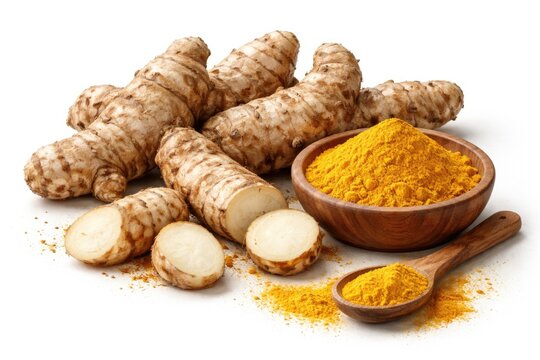 Earthy textured white turmeric roots and powdered form presented on a simple white background