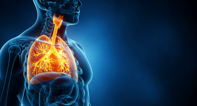 Human body with glowing lungs highlighted in the respiratory system. 3D anatomical illustration showing trachea and bronchi. Ideal for pulmonary health, clinical marketing, and science education.