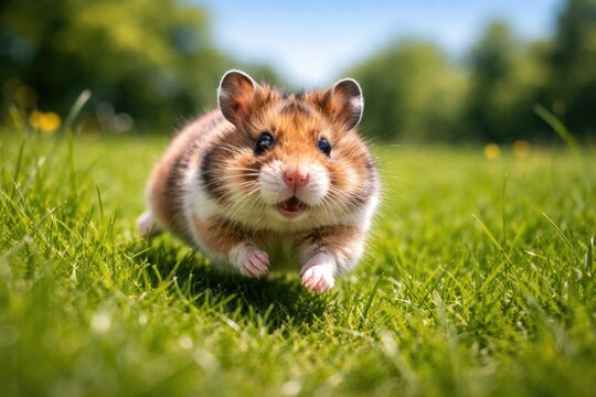 Energetic pet hamster scurries through a dense green lawn in full length during a clear summer day with copy space