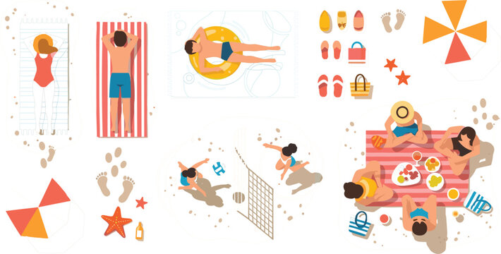 Top view summer beach activities vector set with sunbathing, swimming, volleyball, picnic, accessories and seaside elements in colorful flat illustration style