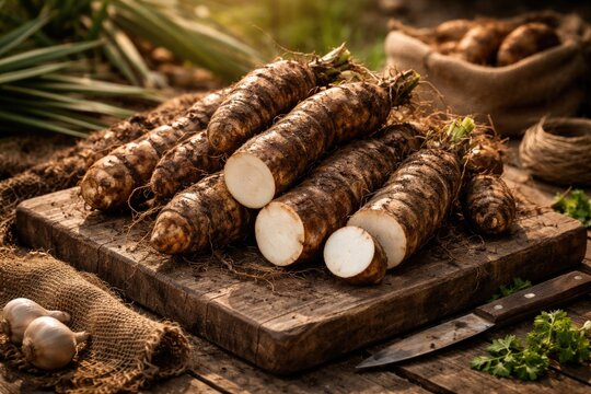Agricultural theme with a wooden board showcasing freshly harvested yucca roots and natural textures