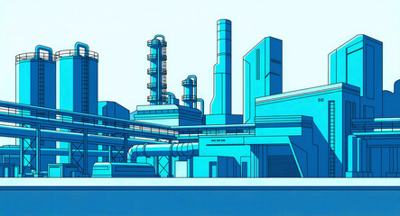 Obraz premium Industrial factory complex illustration with storage tanks and pipes. Blue line art of a chemical plant or oil refinery facility. Manufacturing concept for energy, production, and industry use.