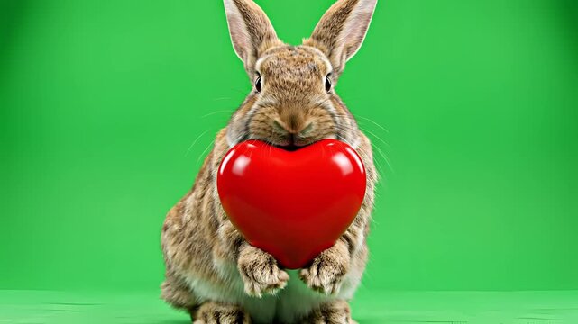 Adorable Rabbit Holding a Big Red Heart on Green Screen Background.