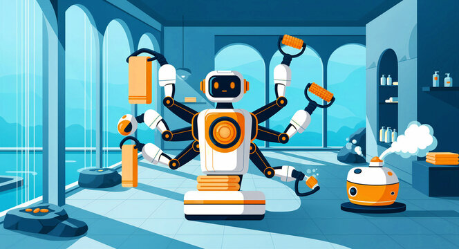 Multi-armed robot assistant providing service in a futuristic luxury spa. The android holds towels and wellness tools in a modern relaxation room. High-tech hospitality and automation concept.