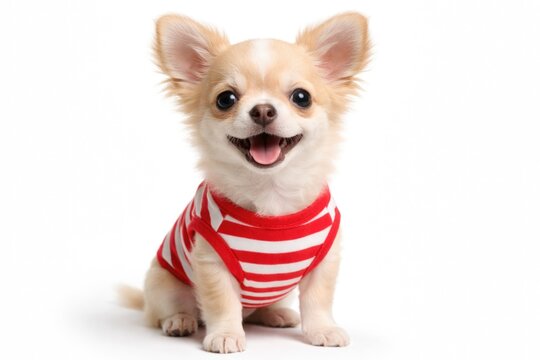 Happy Chihuahua pup in red and white striped top posing on a smooth white backdrop