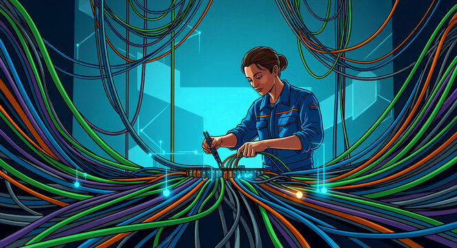Female technician repairing complex wiring in a futuristic data center. Expert engineer managing tangled network cables. Technology maintenance concept ideal for IT support and infrastructure.