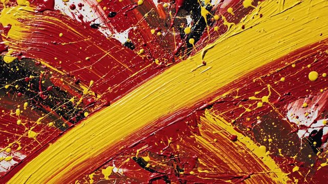 closeup of artist hand painting bold yellow and red acrylic cross strokes on textured canvas, showing expressive impasto layering and technique