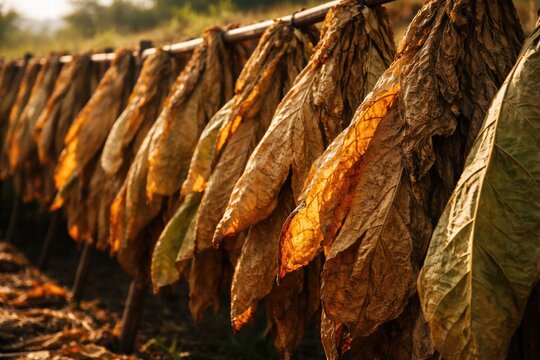 Intense close-up of tobacco leaf drying process in natural sunlight