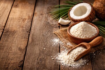 Fototapeta premium Gluten free coconut flour atop weathered wooden planks with copy space